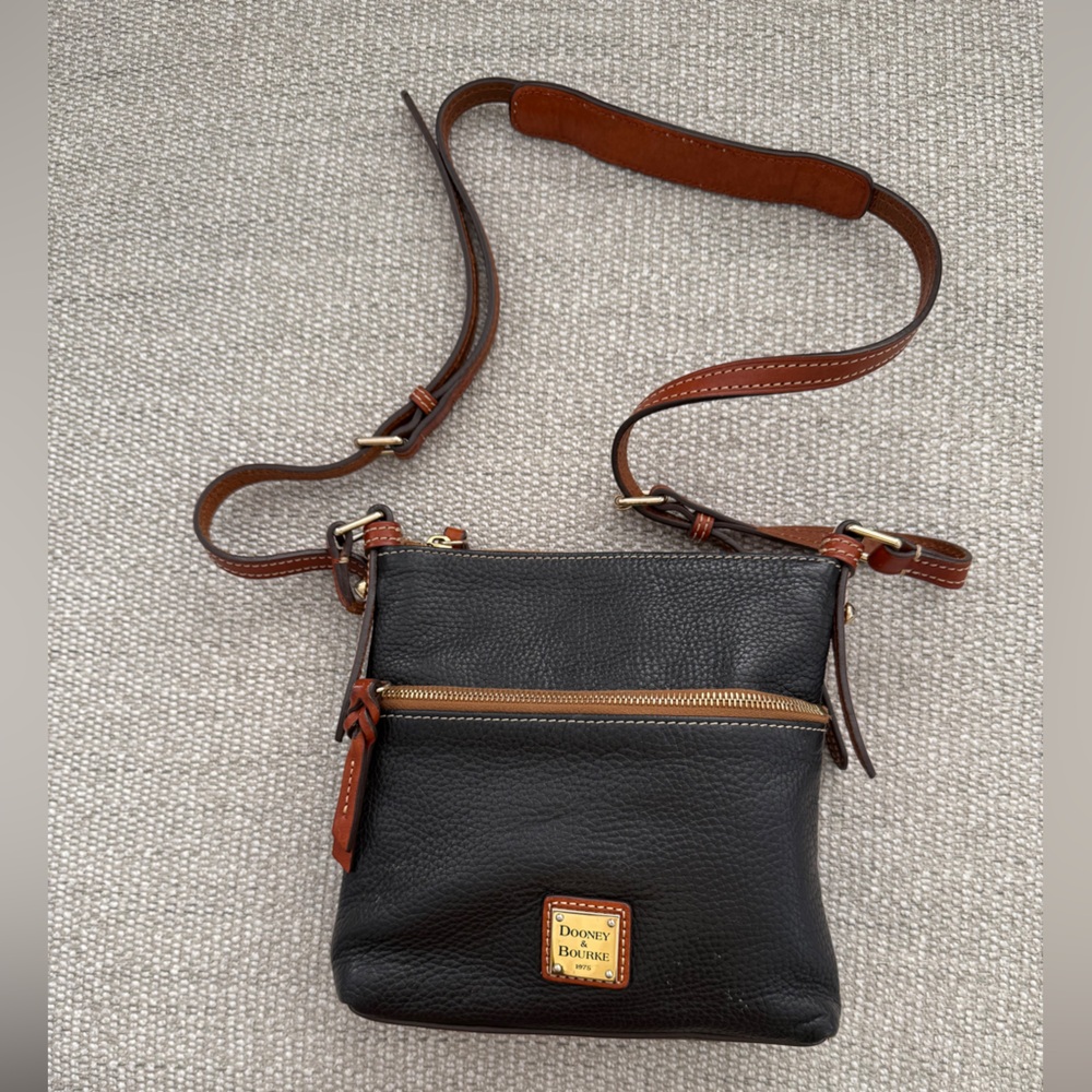 Dooney & Bourke Pebble Leather Black Crossbody Bag With Brown Leather Strap